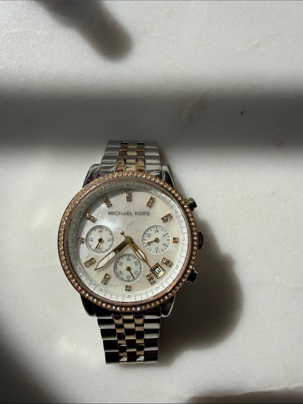 Michael Kors Two-Tone Silver and Rose Gold Crystal Bezel Chronograph Watch